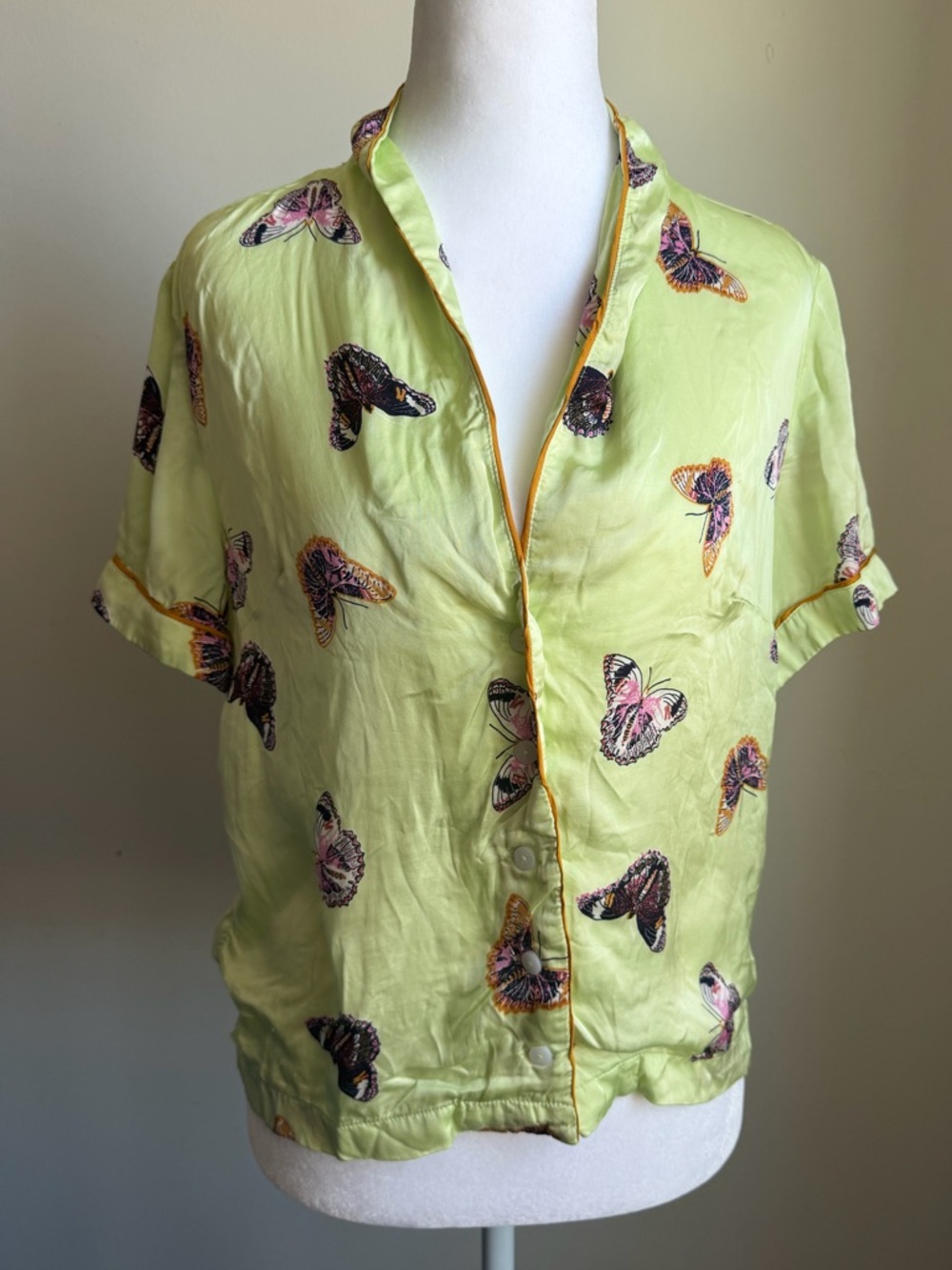 Anthropologie Lime Green Butterfly Button-Down Top PIJAMAS